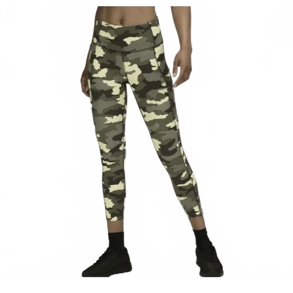Lululemon Fast and Free Crop 23 Women 4 Green Camo Nulux Running Pocket Leggings